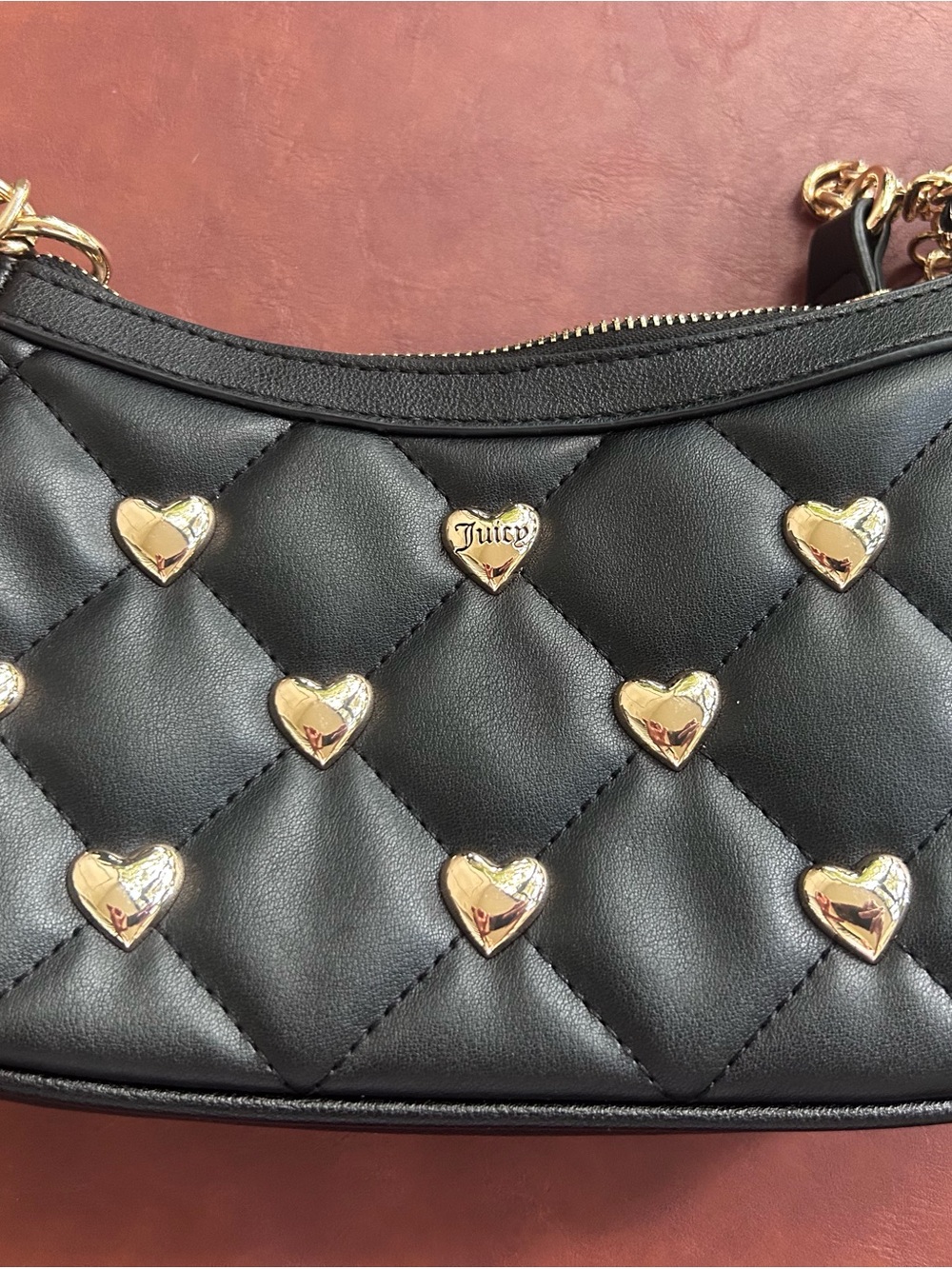 Juicy Couture Black Quilted Mini Bag with Gold Heart Studs